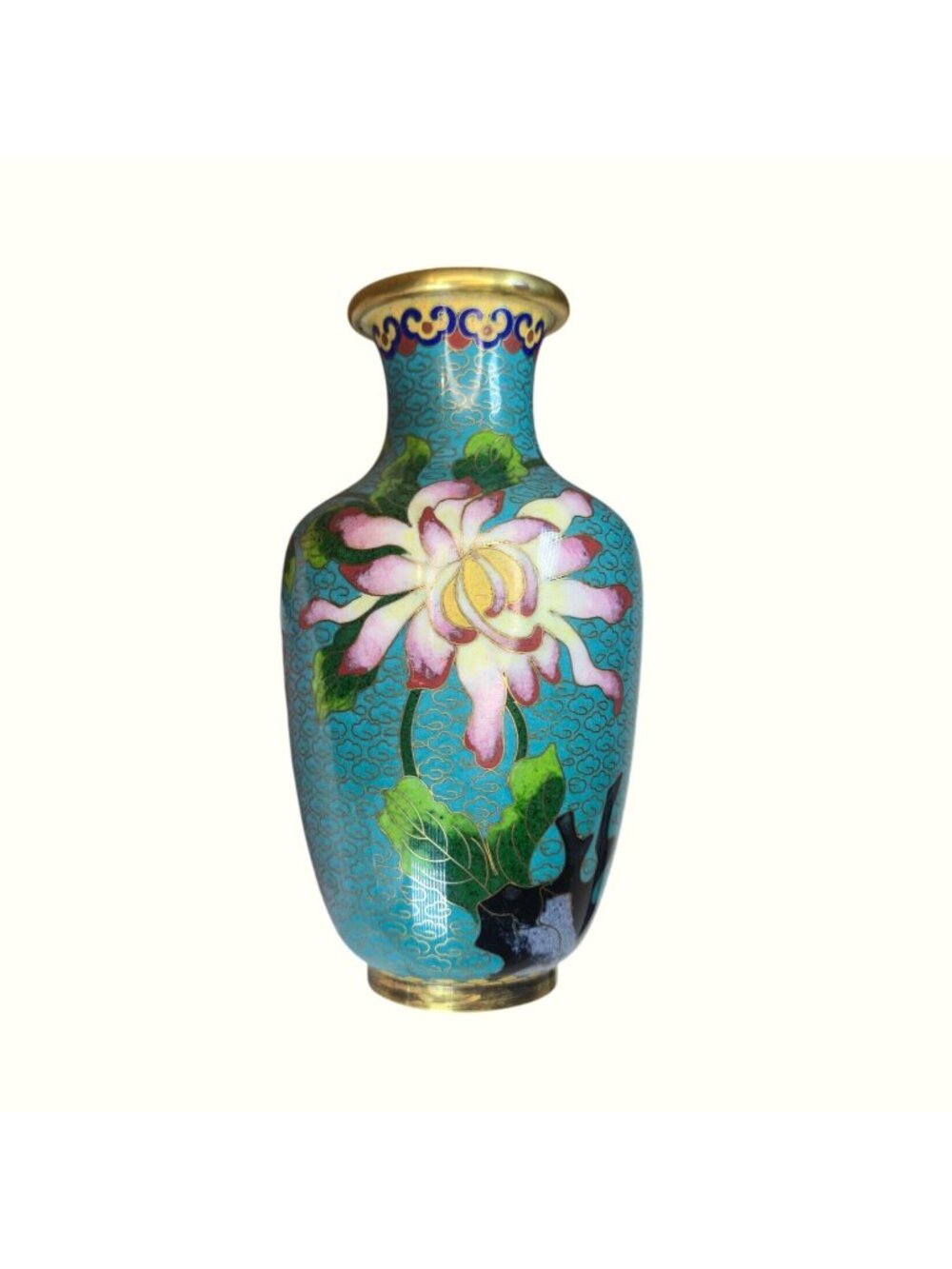 Vintage Cloisonné Vase Pink & White Chrysanthemums Gold Accents Floral Enamel
